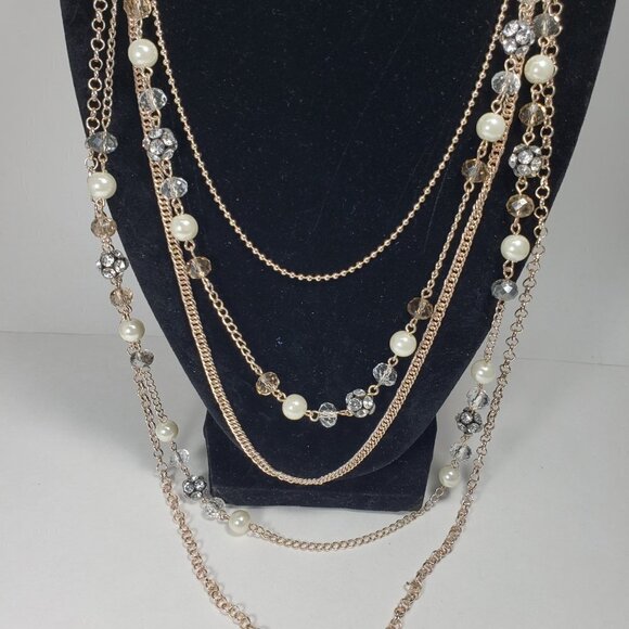 Rose Gold tone Layered Chain Necklace Multi color Beads, Crystal Ball - Women - Picture 7 of 9